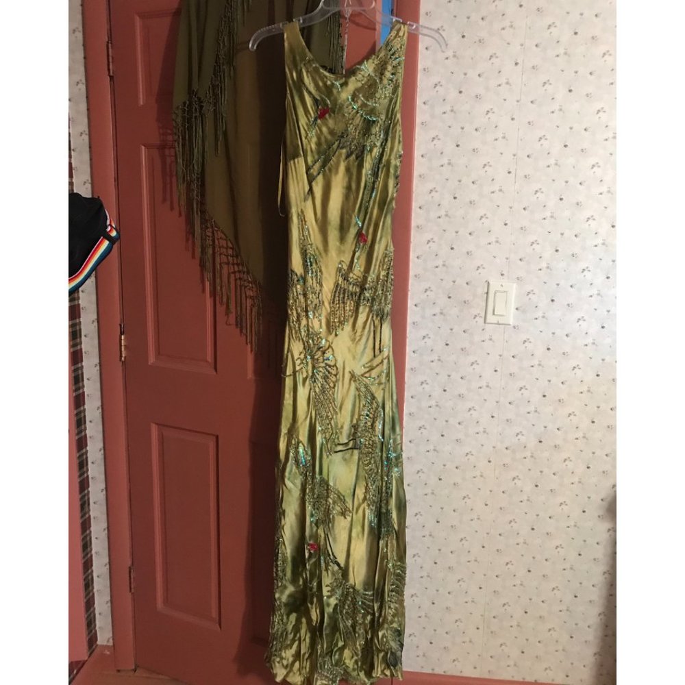 Vintage Sleeveless Beaded Peacock Dress & Shawl